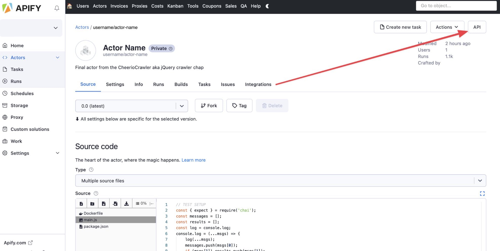 The &quot;API&quot; button on an Actor&#39;s page on the Apify Console