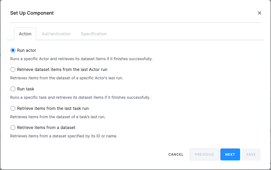 Keboola component action setup 